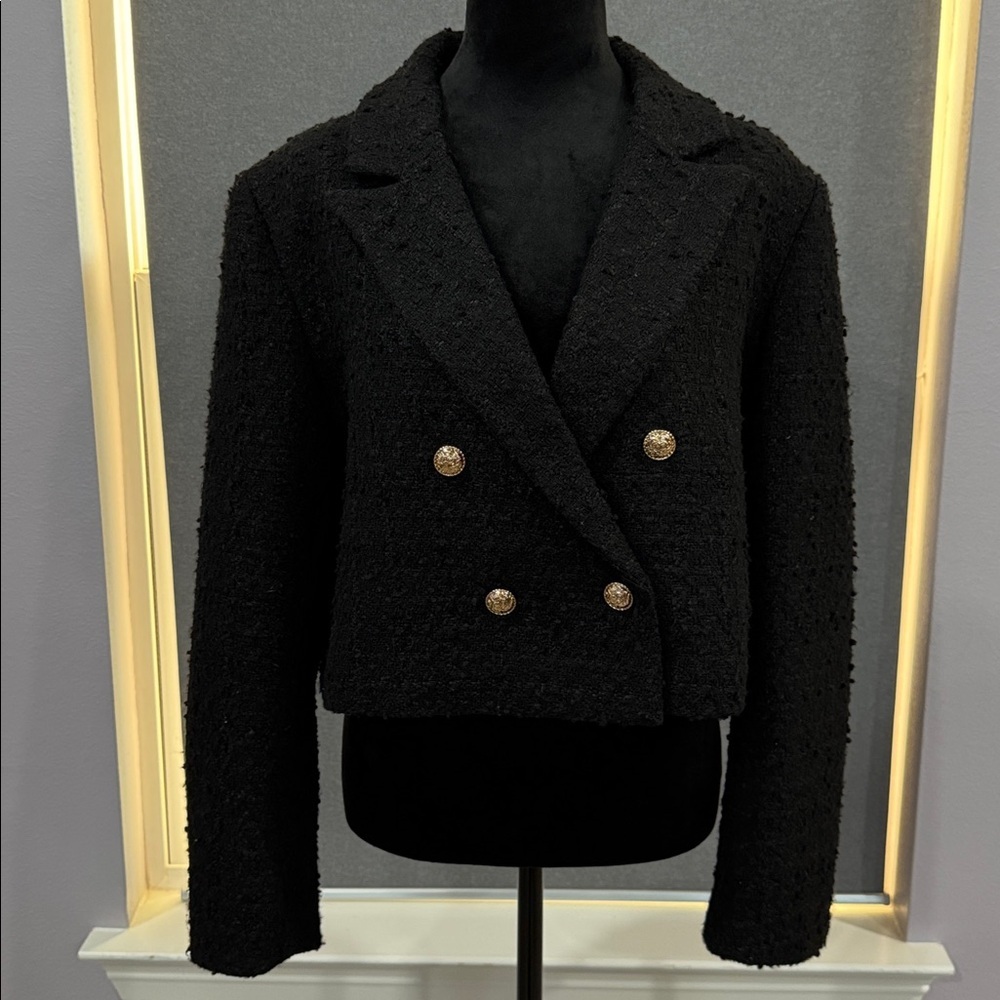 CHARLIE PAGE TEXTURED TWEED CROPPED BLAZER WITH GOLD BUTTONS SIZE XL